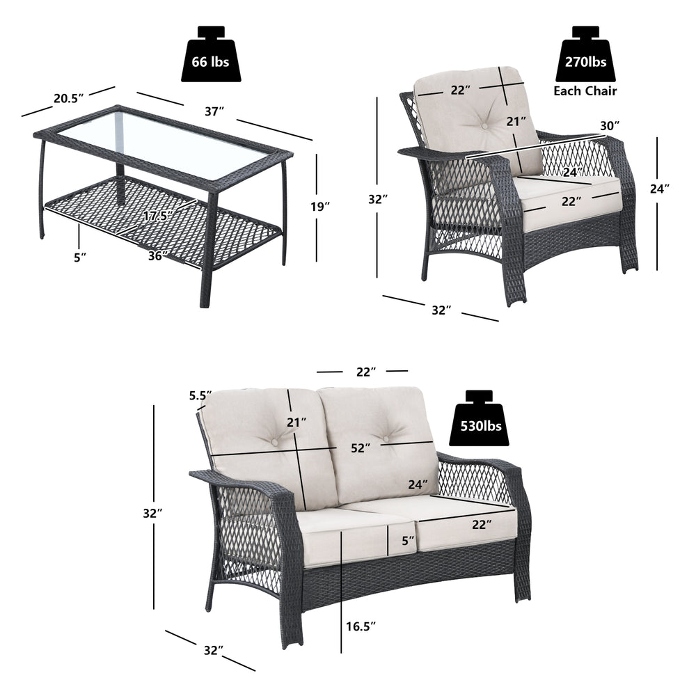 4-piece patio wicker furniture set featuring a loveseat, coffee table, and two chairs with beige cushions for outdoor.