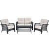 4-piece patio wicker furniture set featuring a loveseat, two chairs, and a coffee table with beige cushions for outdoor.