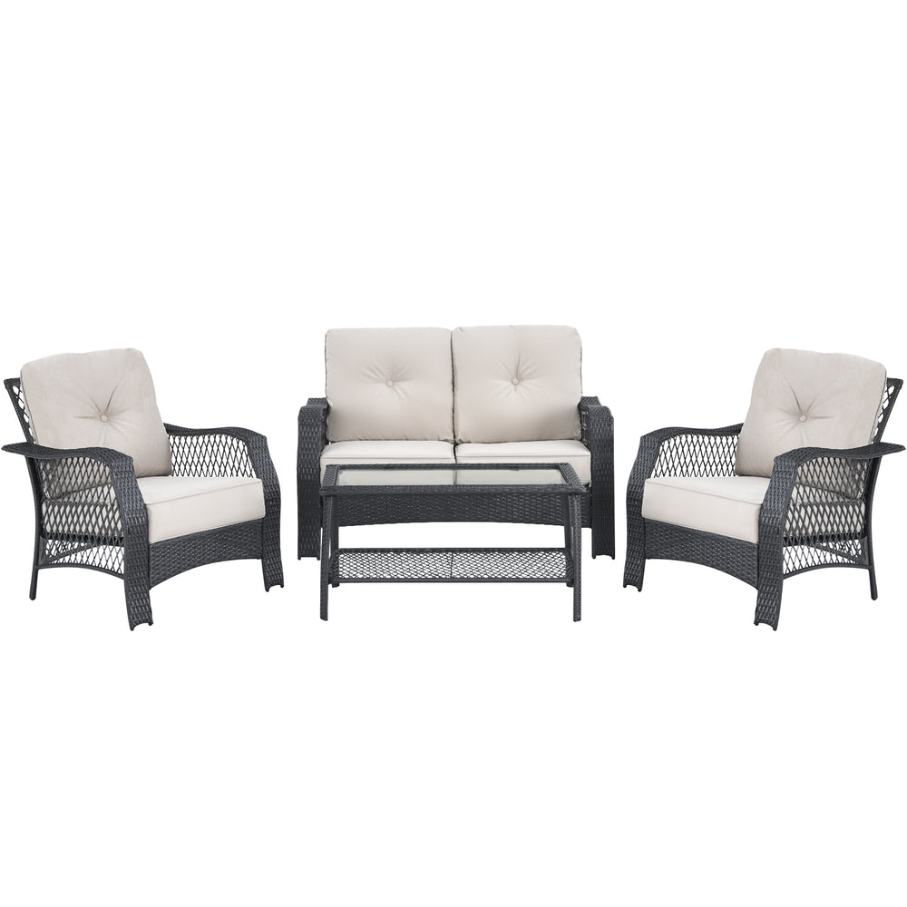 4-piece patio wicker furniture set featuring a loveseat, two chairs, and a coffee table with beige cushions for outdoor.