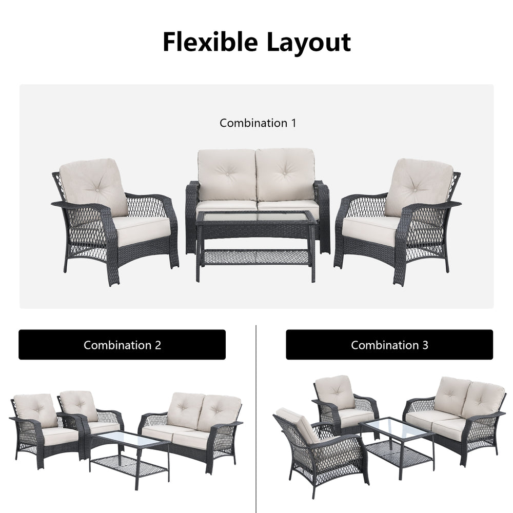 4-piece patio wicker furniture set with loveseat, coffee table, and 2 chairs in beige, ideal for outdoor gatherings.