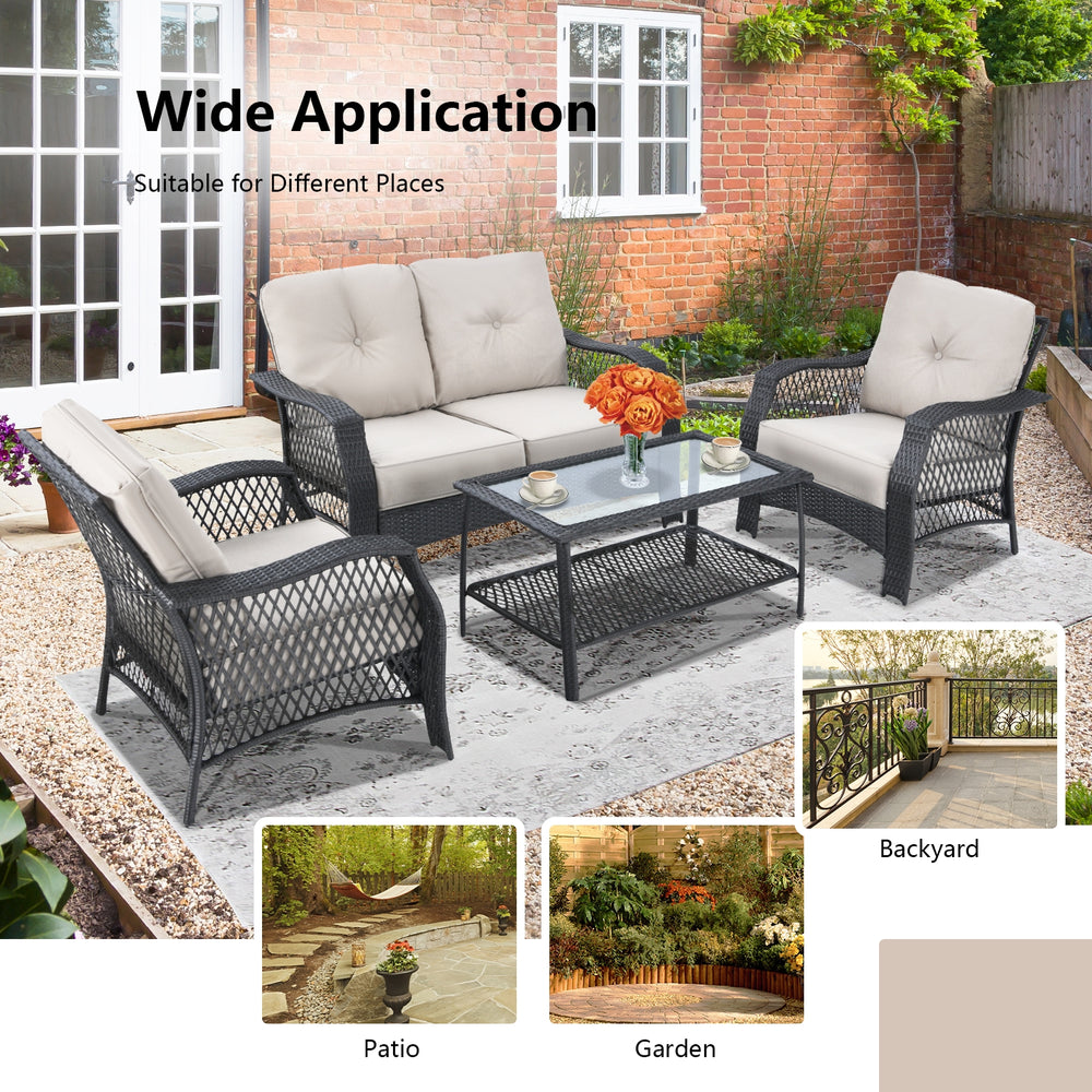 4-piece patio wicker furniture set with beige cushions, including loveseat and coffee table, perfect for outdoor.