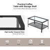 Coffee table with tempered glass top and storage shelf, made of weather-resistant PE rattan for outdoor use.
