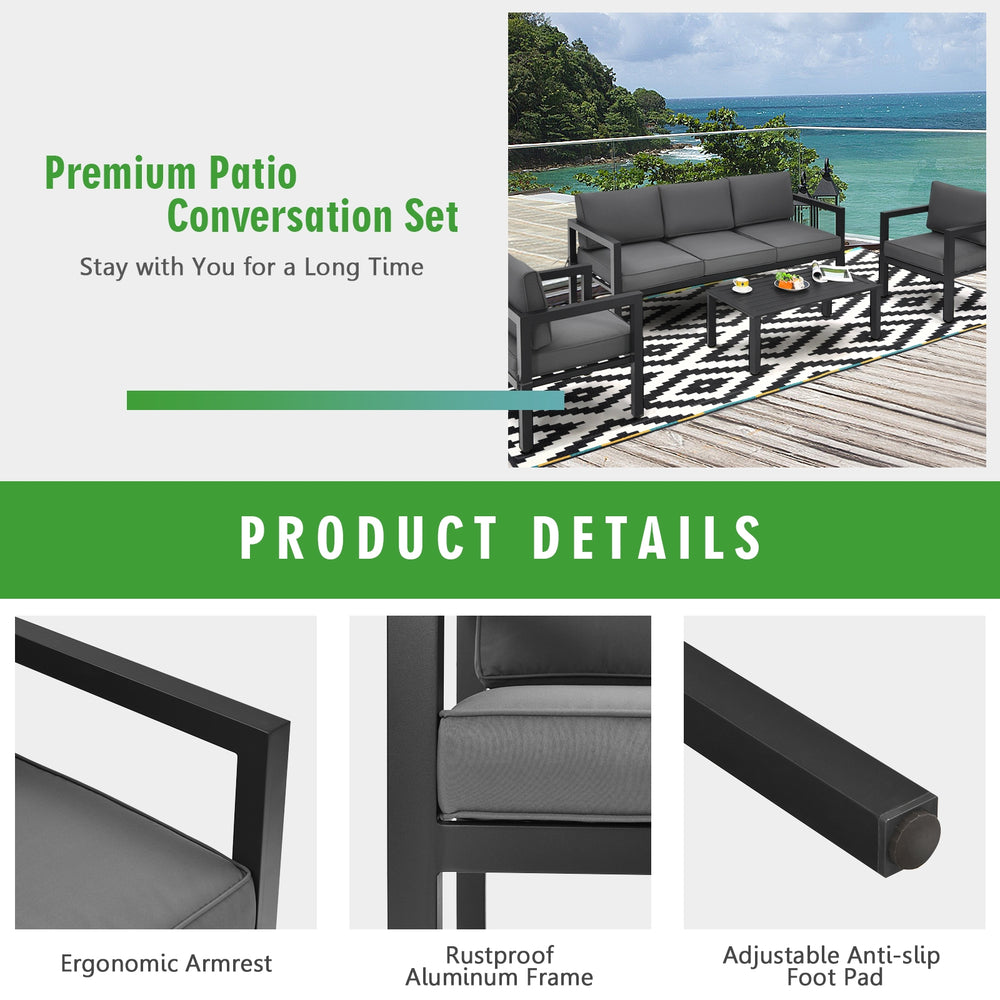 4-piece outdoor furniture set in gray with ergonomic armrests and soft cushions, perfect for backyard and poolside use.
