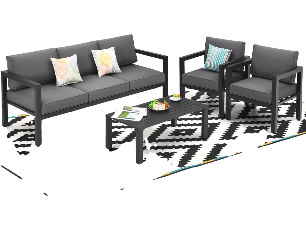 4-piece outdoor furniture set in gray with cushions, perfect for backyard and poolside relaxation.