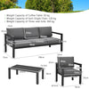 Dimension chart of the 4-piece outdoor furniture set showing measurements for the sofa, chairs, and coffee table, ideal.