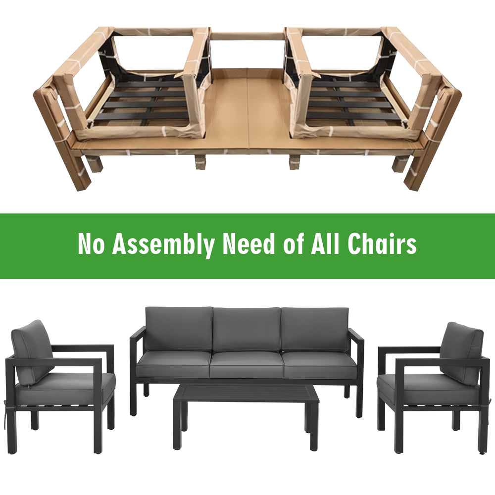 4-piece outdoor furniture set in gray with no assembly needed, featuring aluminum frame and soft cushions for comfort.