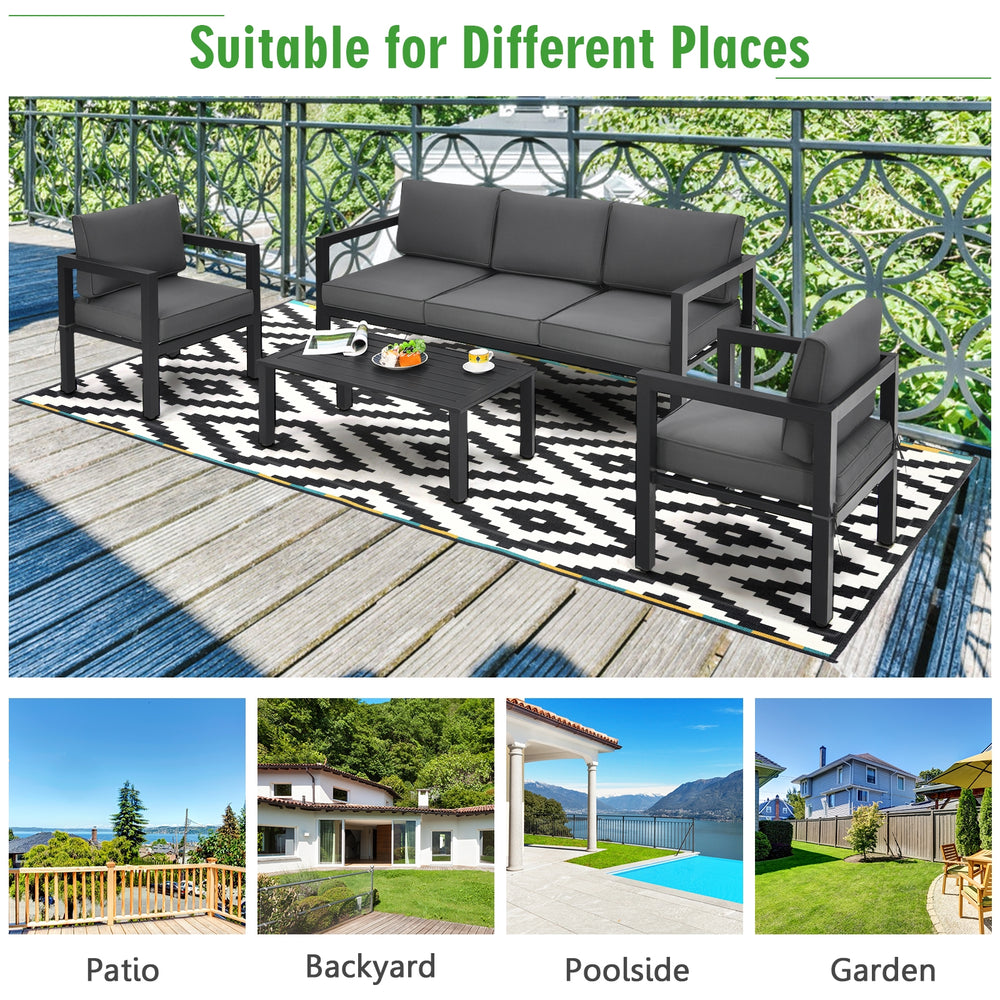 Stylish gray cushions atop a modern aluminum frame outdoor chair, ideal for comfortable seating in any garden or patio.