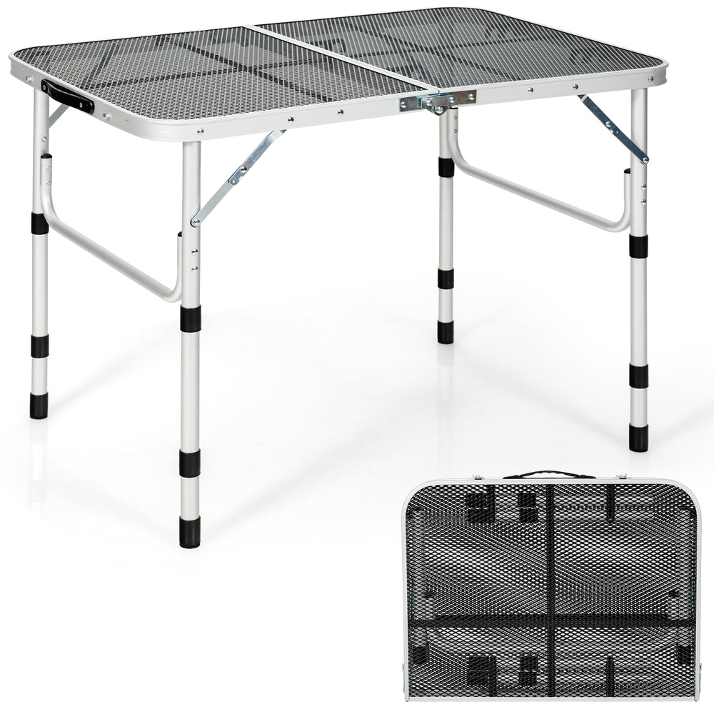 Folding aluminum grill table with iron mesh top, adjustable height, and compact design for outdoor camping and picnics.