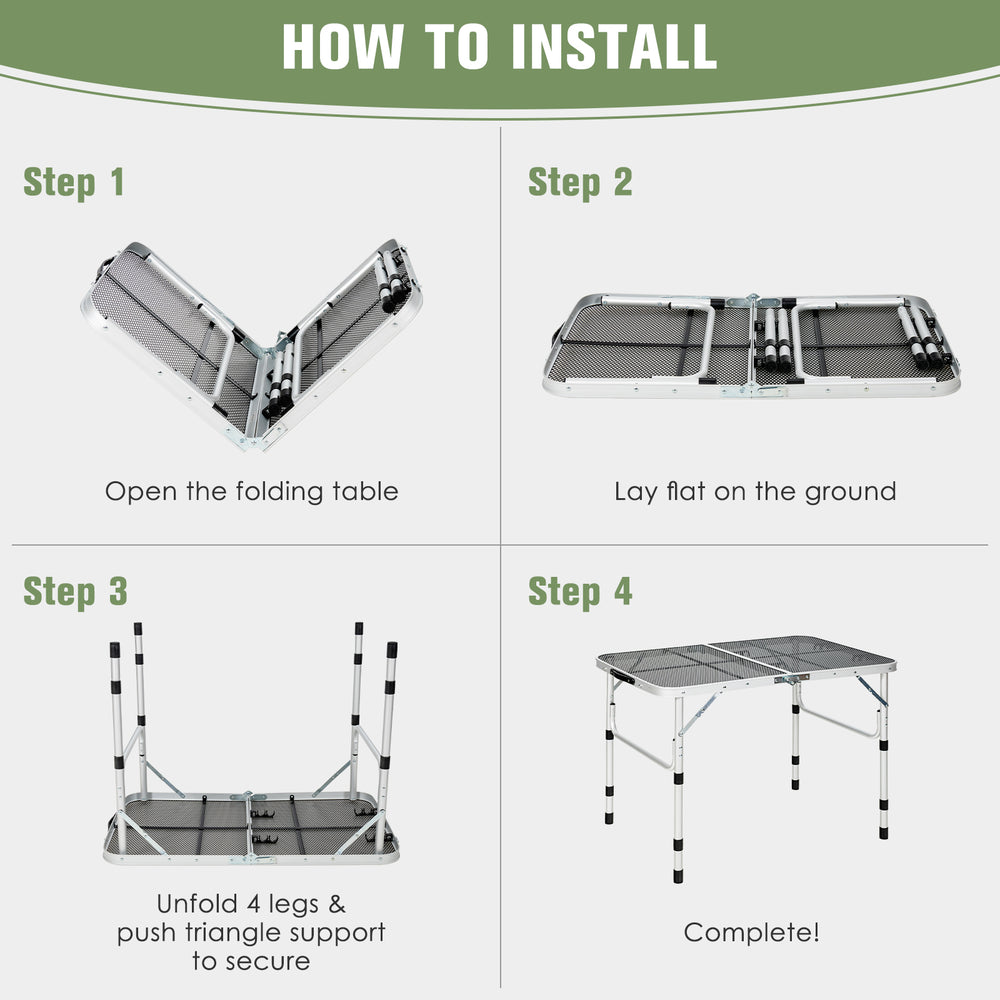 Folding aluminum grill table with iron mesh top, showcasing installation steps for outdoor camping convenience.