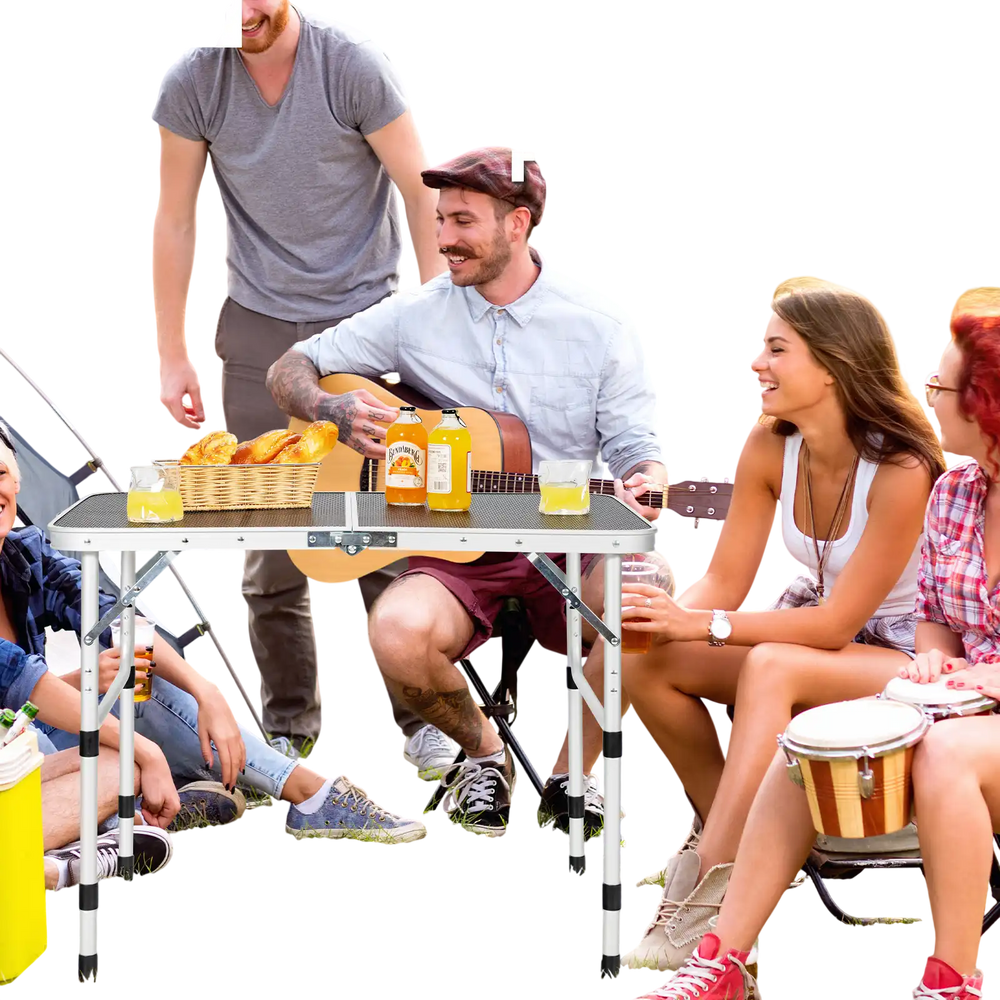 Folding aluminum grill table with iron mesh top, ideal for outdoor camping, BBQs, and picnics, featuring adjustable.
