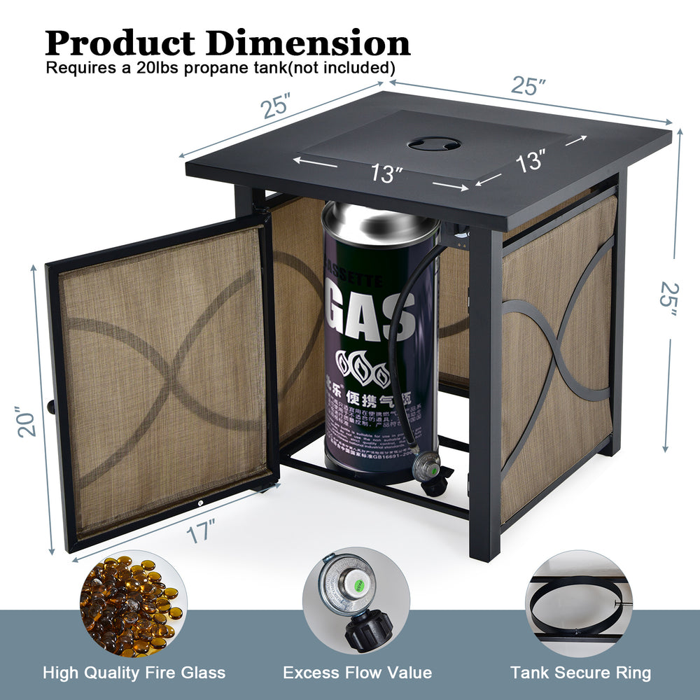 25-inch propane fire pit table with lid, featuring a secure door for propane tank access and stylish fire glass.
