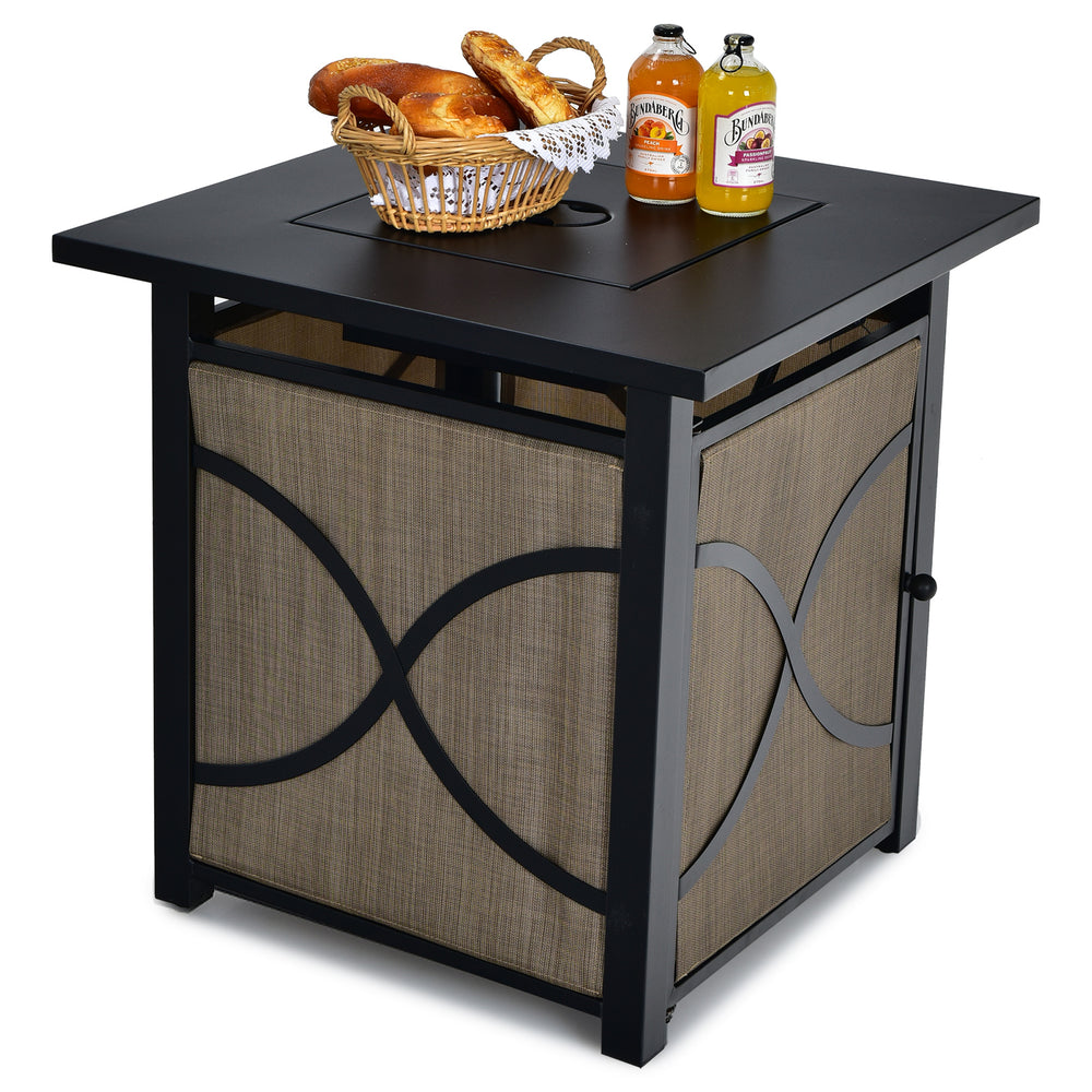 25-inch propane fire pit table with lid, featuring a steel frame and fire glass, perfect for outdoor patio warmth.