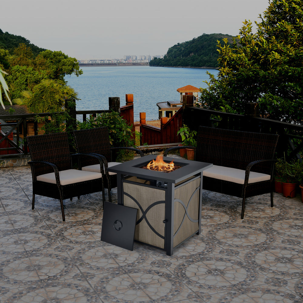 25-inch propane fire pit table with lid and fire glass, 40,000 BTU, ideal for outdoor patio and backyard warmth.