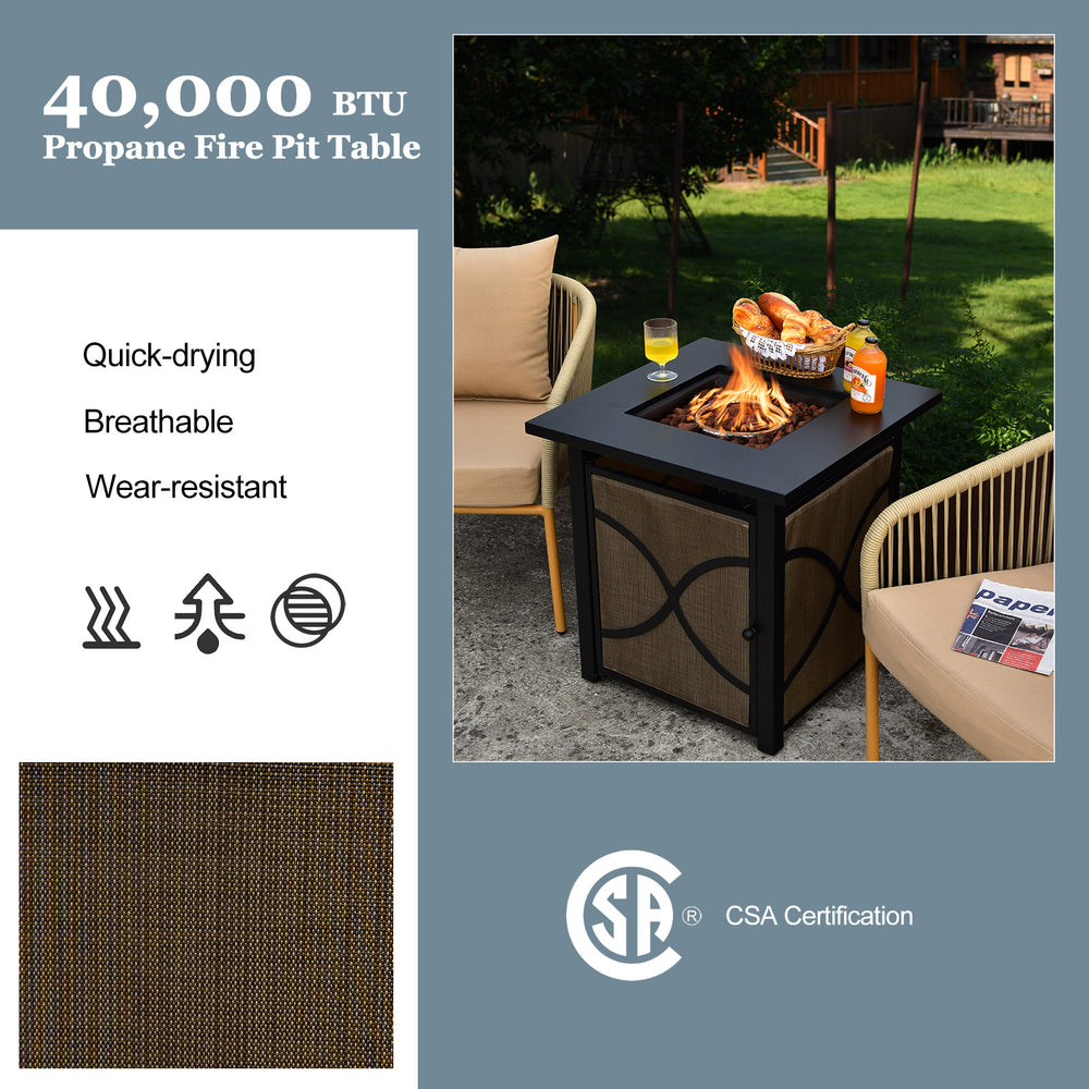 25-inch propane fire pit table with lid, 40,000 BTU, anti-rust steel frame, ideal for outdoor patio use.