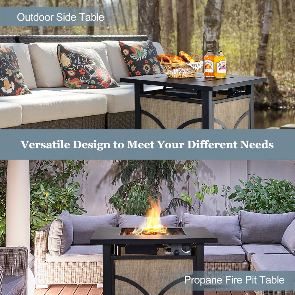 25-inch propane fire pit table with lid, featuring smokeless design and fire glass, perfect for outdoor patios and.