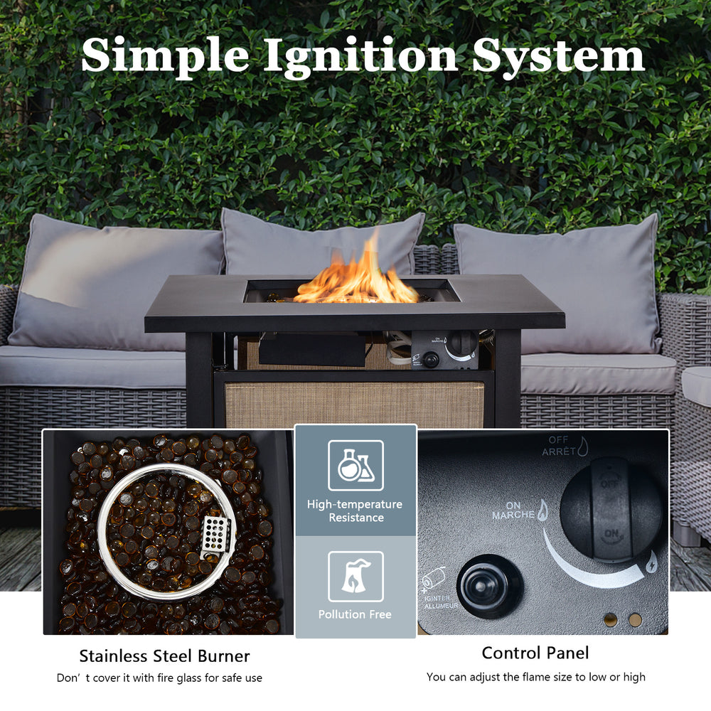 25-inch propane fire pit table with stainless steel burner, fire glass, and adjustable flame control for outdoor warmth.