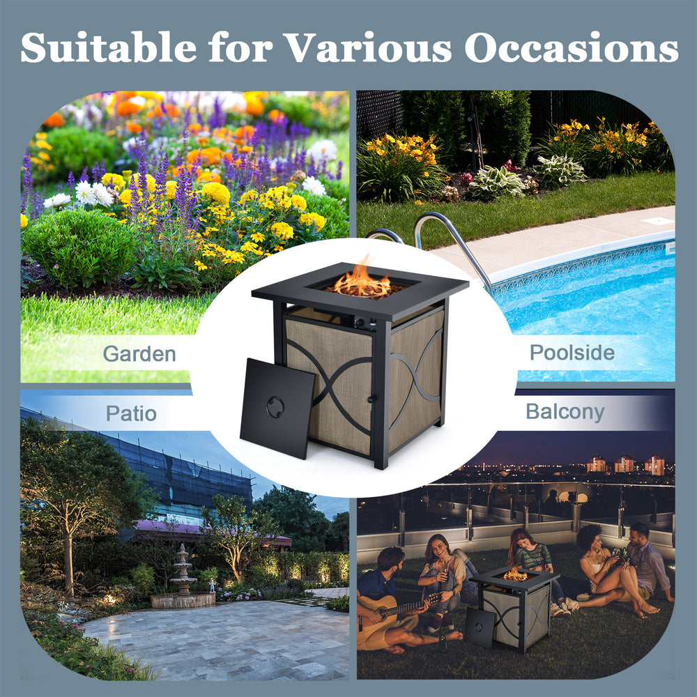 25-inch propane fire pit table with lid and fire glass, ideal for patio, garden, and poolside gatherings.