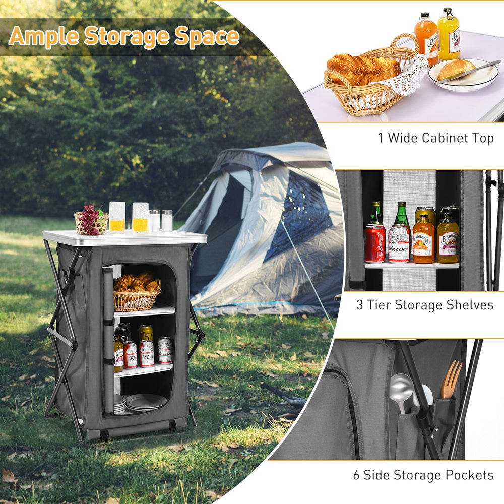 Folding camping storage cabinet with wide cabinet top and six side storage pockets, perfect for organizing outdoor.