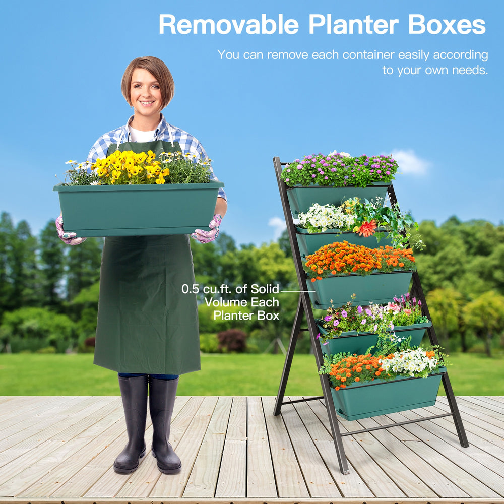 5-tier vertical garden planter with removable container boxes, made of durable PP, perfect for flowers and herbs.