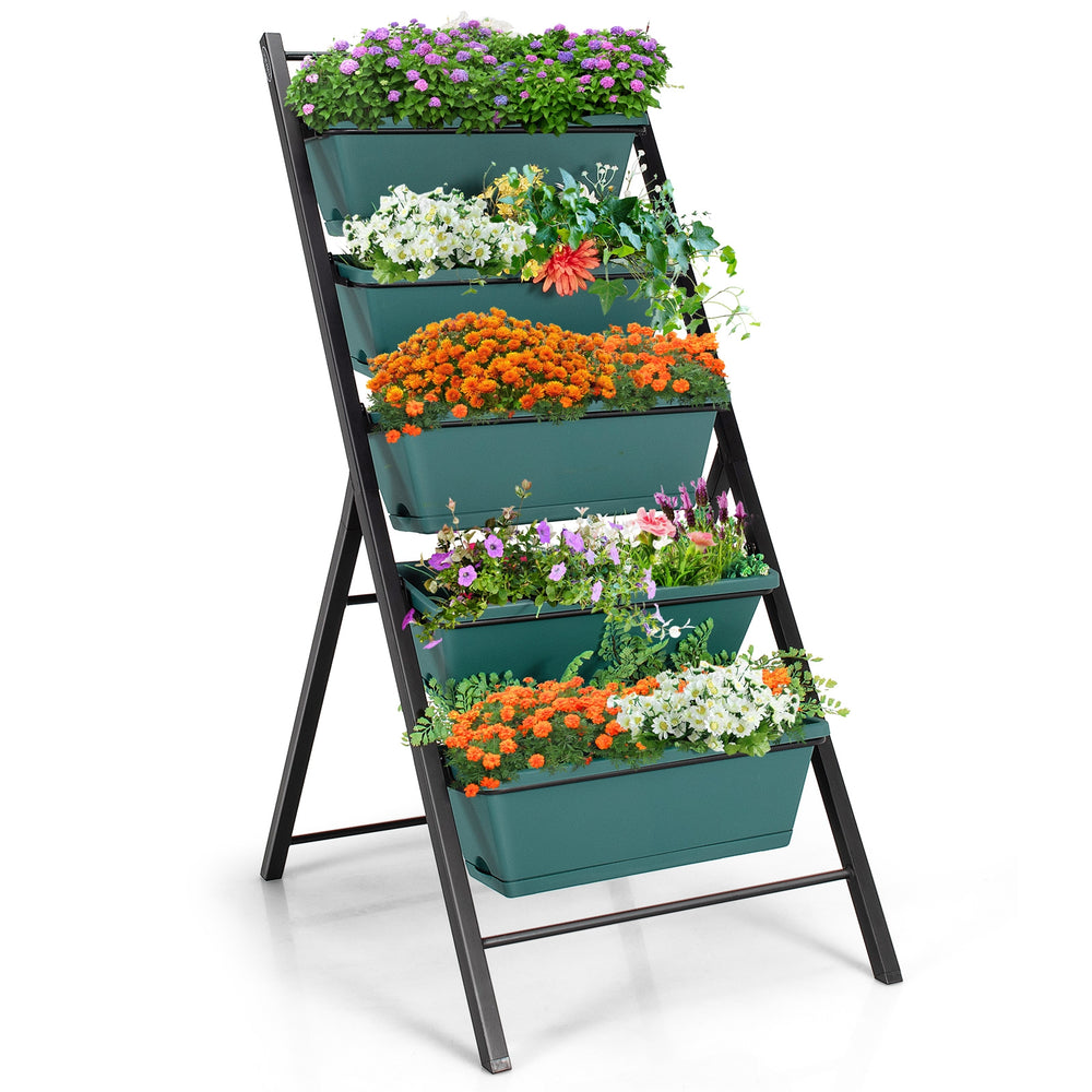 5-tier vertical garden planter with five green containers, ideal for flowers and herbs, perfect for patios and.