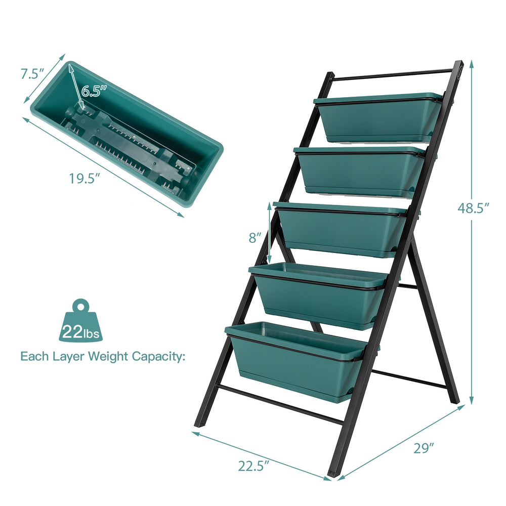 5-tier vertical garden planter with 5 green PP containers, ideal for growing various plants in limited space.