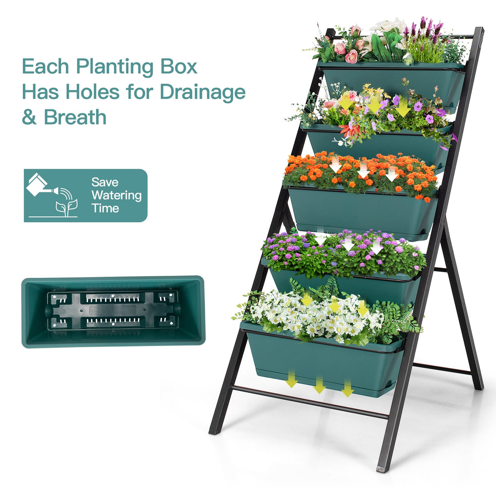 5-tier vertical garden planter with five green container boxes, featuring drainage holes and a sturdy iron frame for.