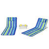 Two adjustable beach lounge chairs with a folding table in blue and green stripes, perfect for outdoor relaxation.