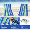 Two adjustable beach lounge chairs with a folding table, featuring a striped design and removable headrest for comfort.