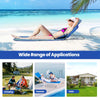 Two adjustable beach lounge chairs with a folding table, perfect for sunbathing and outdoor activities.