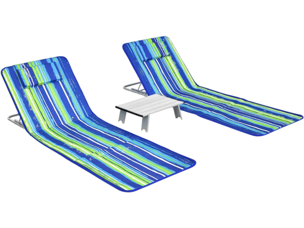 Two adjustable beach lounge chairs with a folding table, featuring a colorful stripe design, perfect for outdoor.