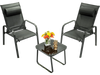 Two adjustable black chairs and a glass coffee table in a grassy outdoor setting, perfect for patio relaxation.