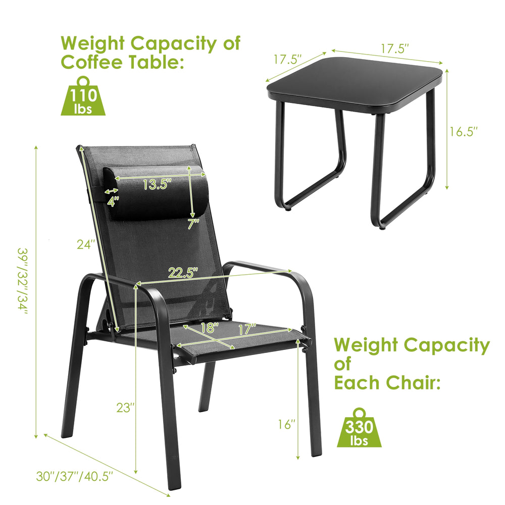 Adjustable backrest chair and tempered glass coffee table from the 3-piece patio bistro set for outdoor spaces.