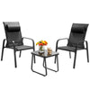 Two adjustable black patio chairs with a glass coffee table, perfect for compact outdoor spaces like balconies or.