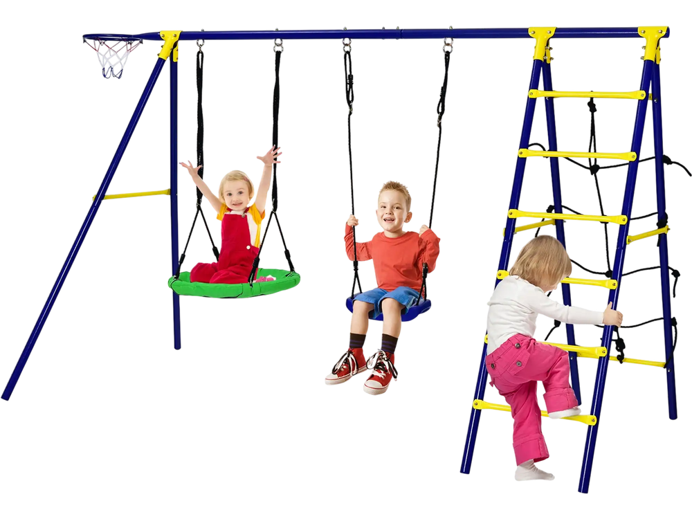 5-In-1 Outdoor Kids Swing Set with A-Shaped Metal Frame and Ground Stake