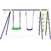 5-in-1 outdoor kids swing set featuring 2 swings, a climbing ladder, and a basketball hoop for backyard fun.