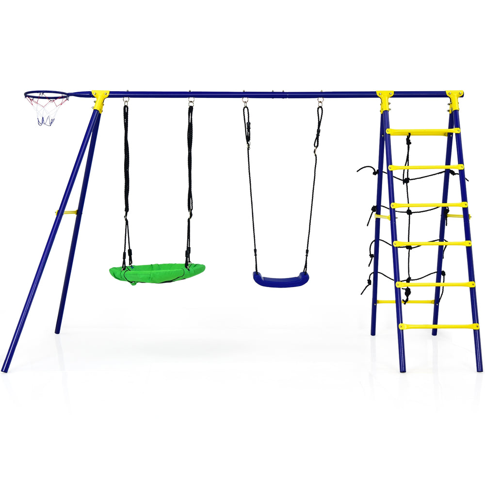 5-in-1 outdoor kids swing set featuring 2 swings, a climbing ladder, and a basketball hoop for backyard fun.