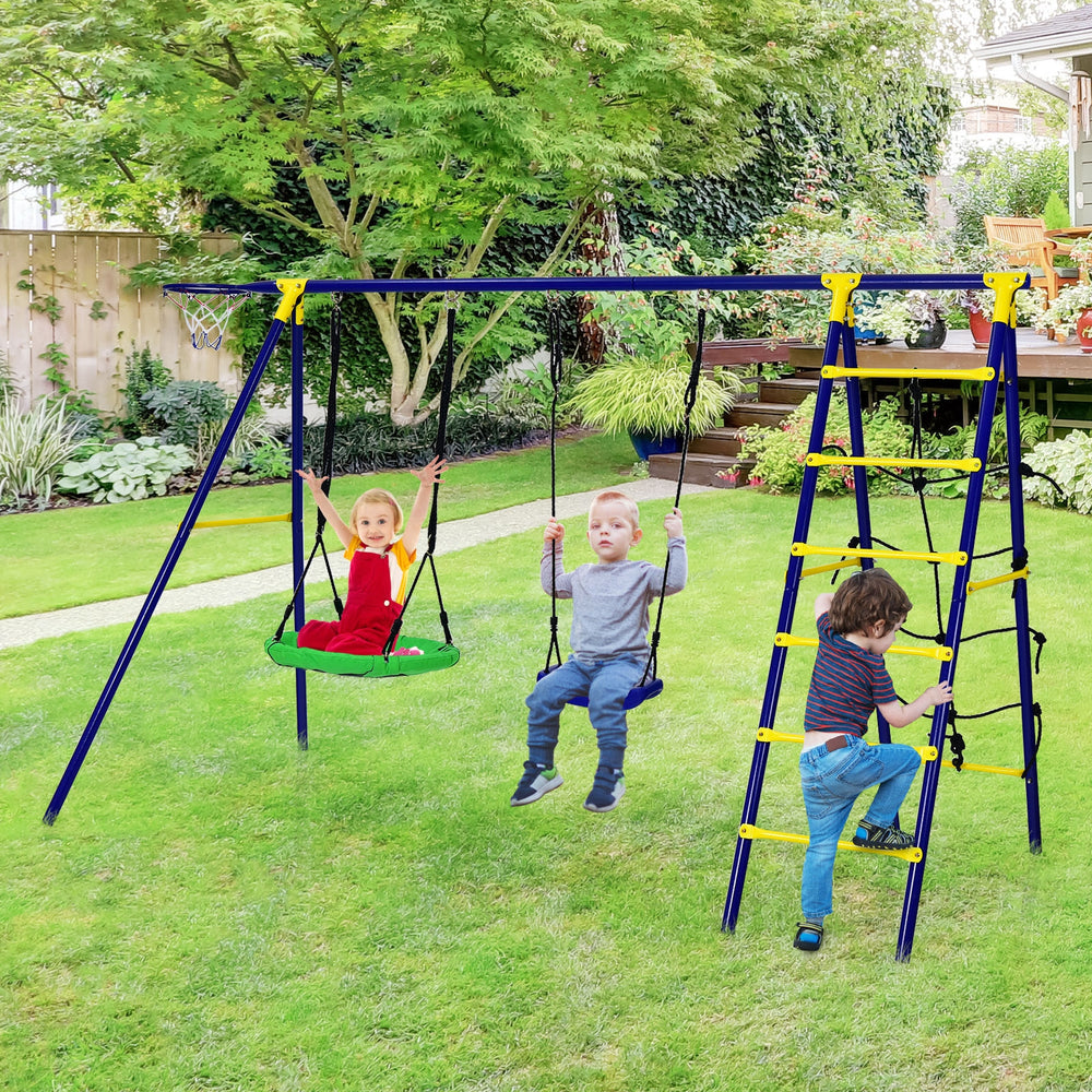Outdoor kids swing set featuring 2 swings, climbing ladder, and basketball hoop, designed for backyard fun and safety.