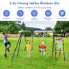 5-in-1 outdoor kids swing set featuring A-shaped metal frame, 2 swings, basketball hoop, and climbing net for backyard.