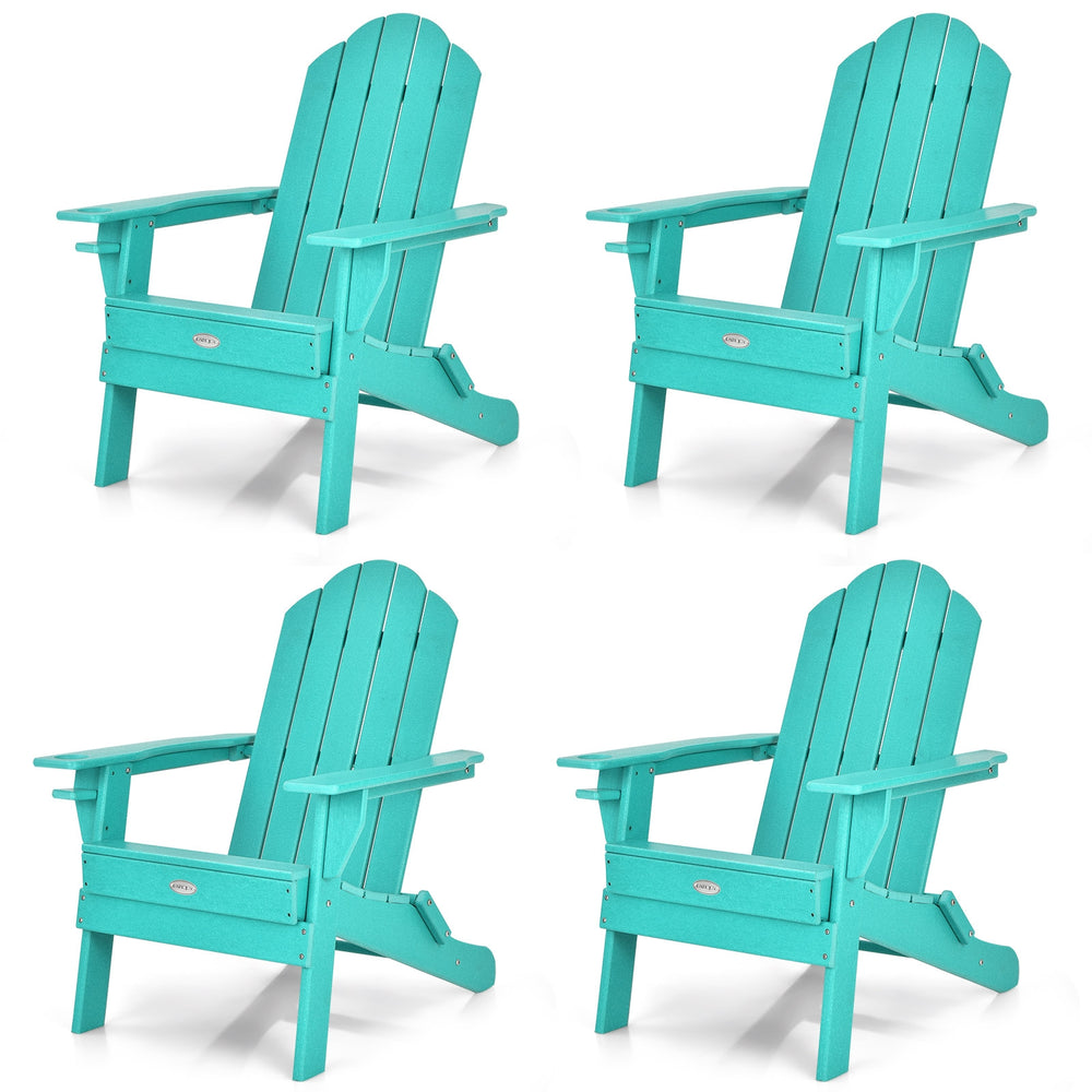 Turquoise foldable patio chair with built-in cup holder, made from fade-resistant PE material for outdoor use.
