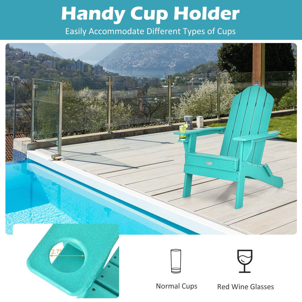 Turquoise foldable patio chair with built-in cup holder, made of fade-resistant PE material for outdoor convenience.