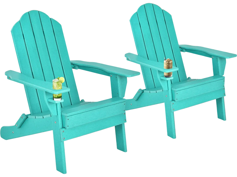 Turquoise foldable patio chairs with built-in cup holders, perfect for outdoor relaxation on the porch or backyard.