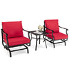 Red 3-piece patio rocking chair set with coffee table, featuring ergonomic glider chairs and soft cushions for outdoor.