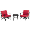 Red glider chair from the 3-piece patio set, featuring a gentle rocking motion and plush, zippered cushions for outdoor.