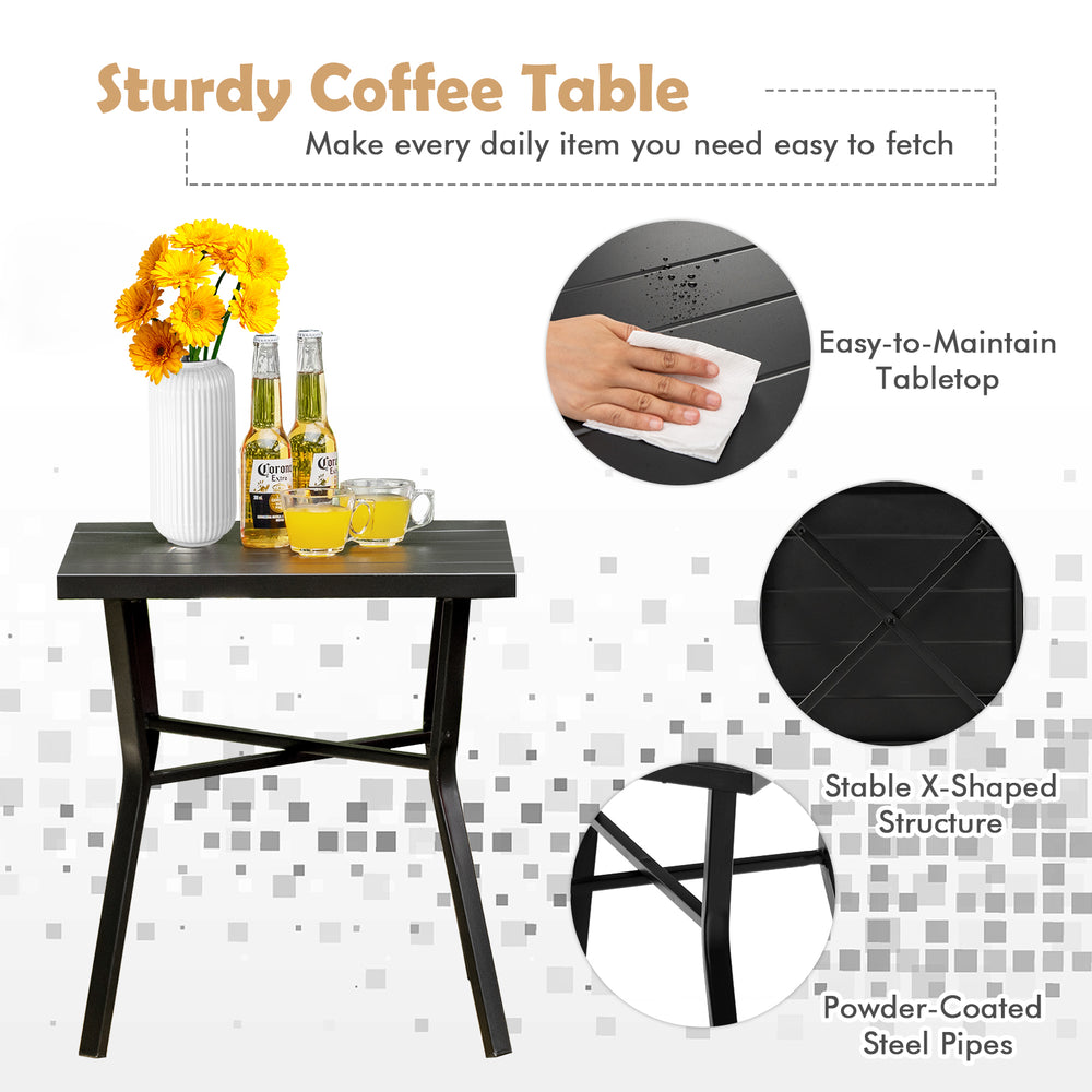 Red coffee table with a smooth, waterproof surface and sturdy powder-coated steel frame for outdoor use.