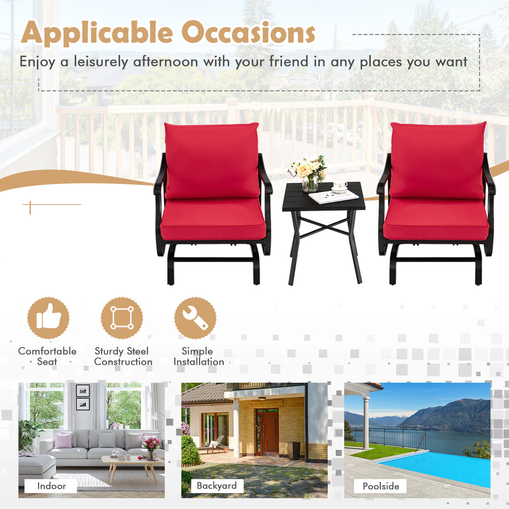 Red 3-piece patio rocking chair set with coffee table, featuring ergonomic design and sturdy steel construction for.