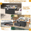 52-inch black rattan wicker propane fire pit table with removable lid, ideal for heating and outdoor storage.