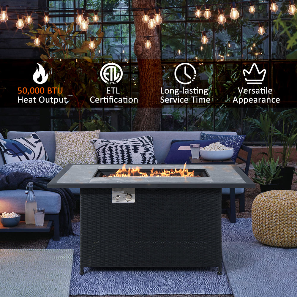 52-inch black rattan wicker propane fire pit table with marble top, 50,000 BTU heat output, ideal for outdoor.