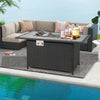 52-inch black rattan wicker propane fire pit table with marble top, ideal for outdoor heating and storage.