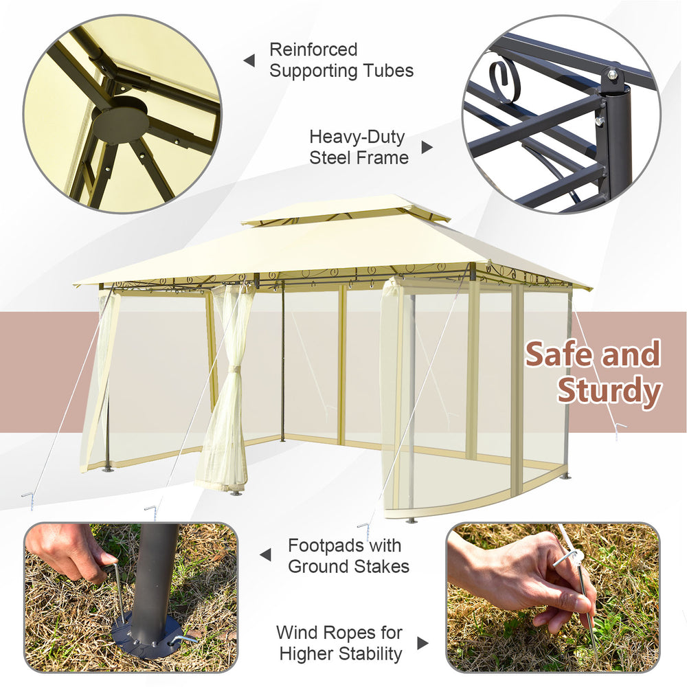 10x13 feet beige gazebo with reinforced steel frame, removable mesh sidewalls, ideal for outdoor gatherings and.