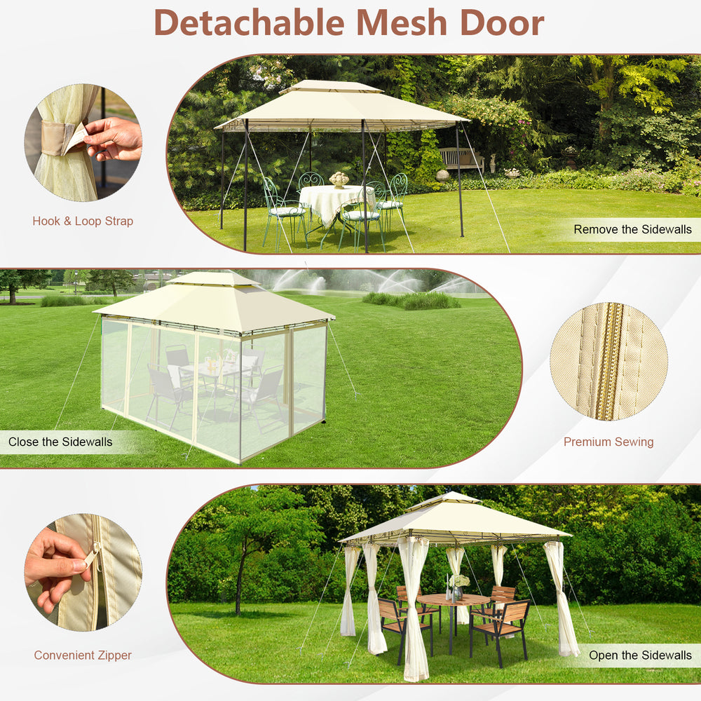 Detachable mesh door detail of a 10x13 feet beige tent canopy shelter with zippers for easy access and ventilation.